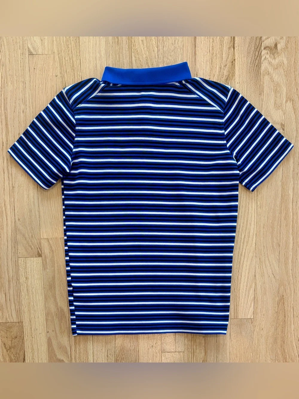 Nike Dri-FIT Boys Blue Black White Striped Performance Golf Polo Shirt, Large L